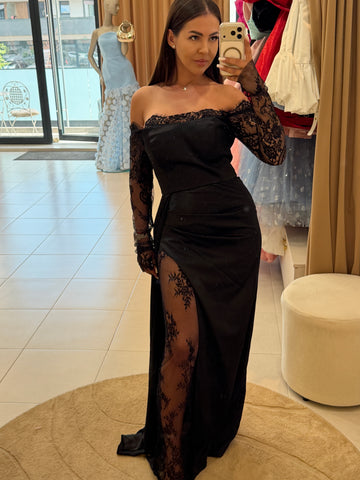 Rochie lungă neagră cu dantelă