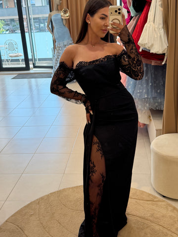 Rochie lungă neagră cu dantelă
