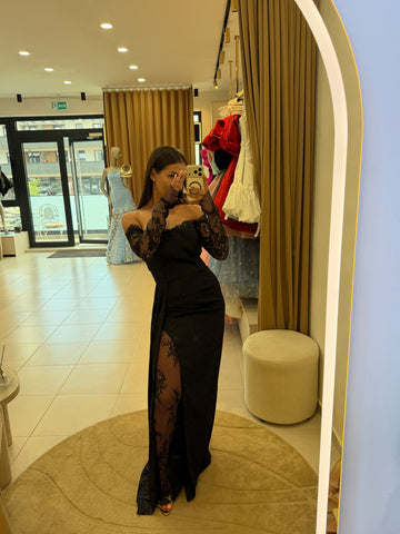 Rochie lungă neagră cu dantelă